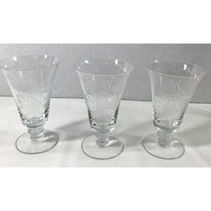 3 Vintage Fostoria Wine Glasses Camellia Etched Roses Pedestal Cordial Juice